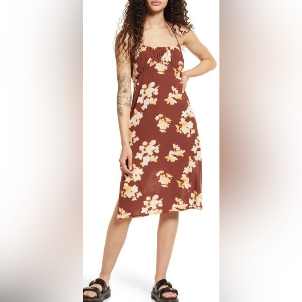 NWT bp. Nordstrom Woven Halter Sundress in Brown Floral - Size L